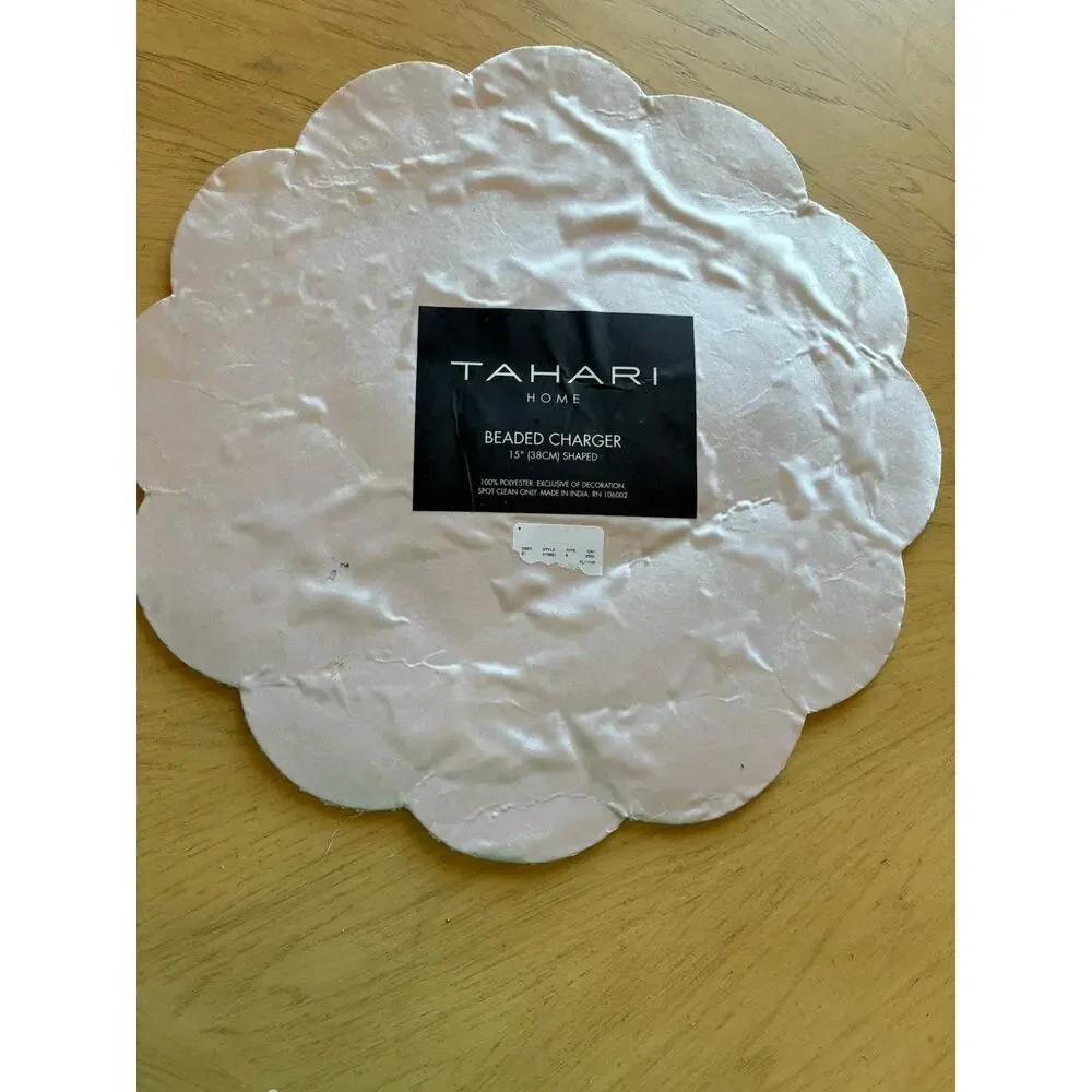 Tahari Heavily Beaded Round Placemat Silver Glass White Sequins Wedding Holiday